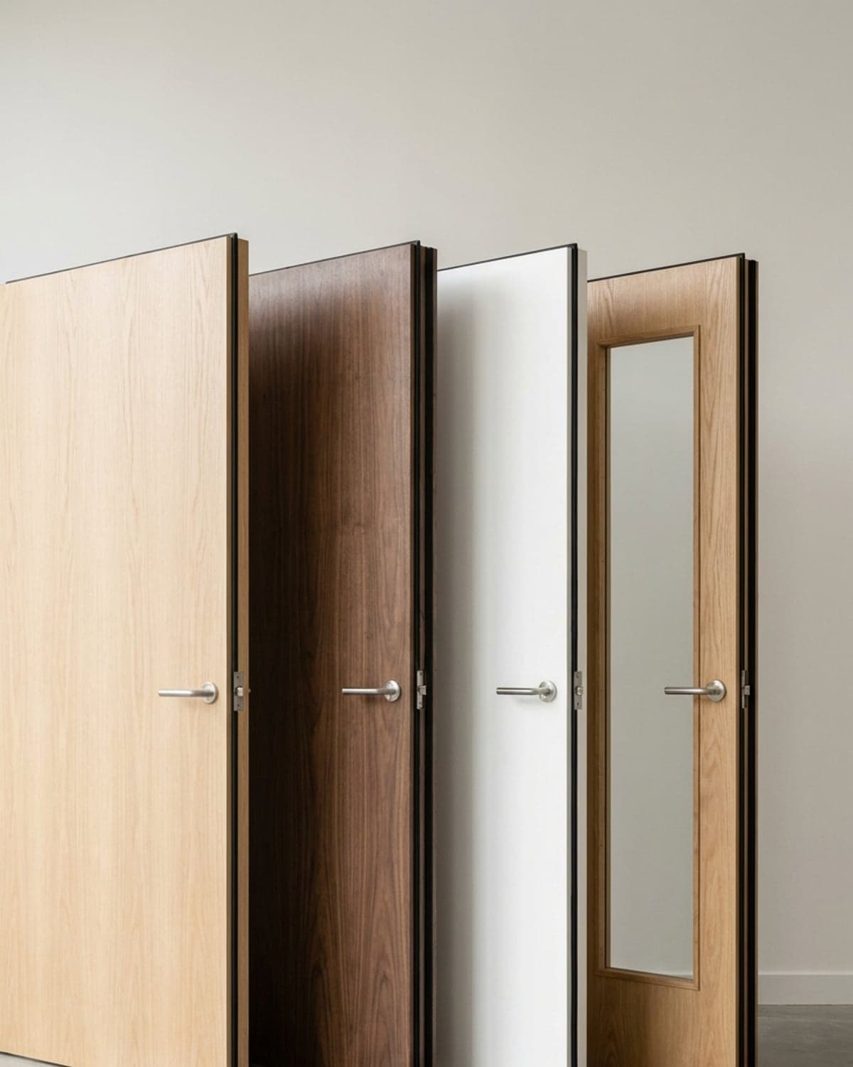 Range of fire door finishes side by side — oak flush, walnut, paint-grade white and a glazed vision-panel door